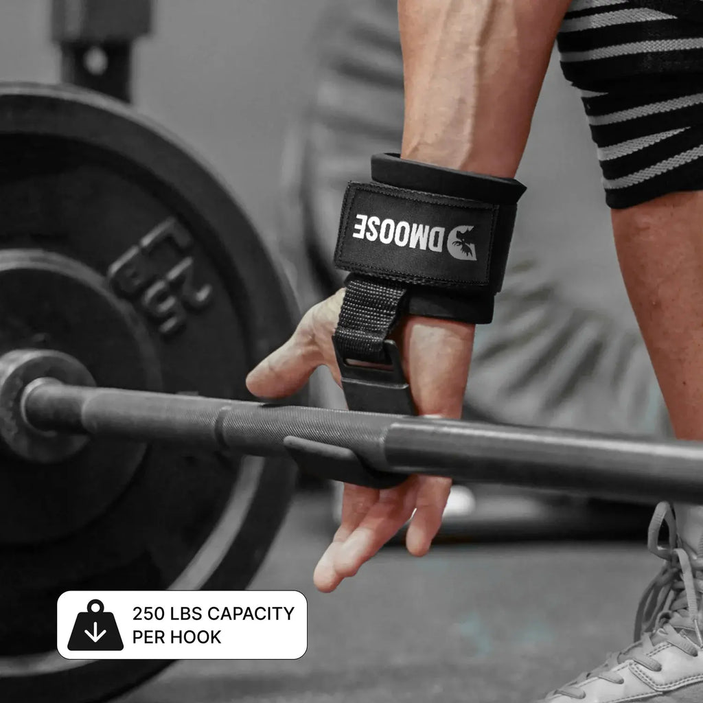 Dmoose Fitness Weight Lifting Hooks (Pair) for Deadlifts, Pull Ups, Rows & Shrugs - Anti-Rip Nylon Strap Hand Grips with Thick Wrist Padding - Heavy Duty Wrist Straps for Weightlifting & Gym Workouts