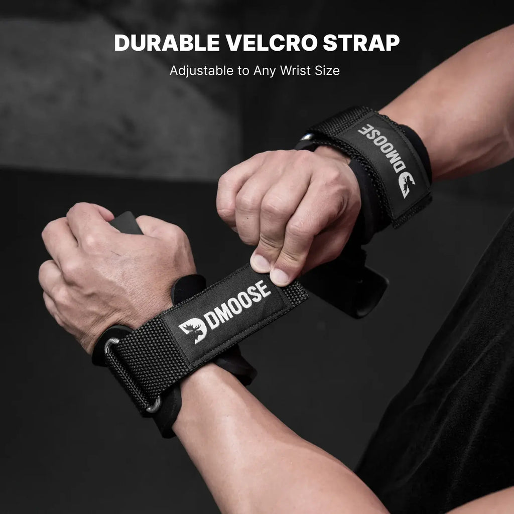 Dmoose Fitness Weight Lifting Hooks (Pair) for Deadlifts, Pull Ups, Rows & Shrugs - Anti-Rip Nylon Strap Hand Grips with Thick Wrist Padding - Heavy Duty Wrist Straps for Weightlifting & Gym Workouts